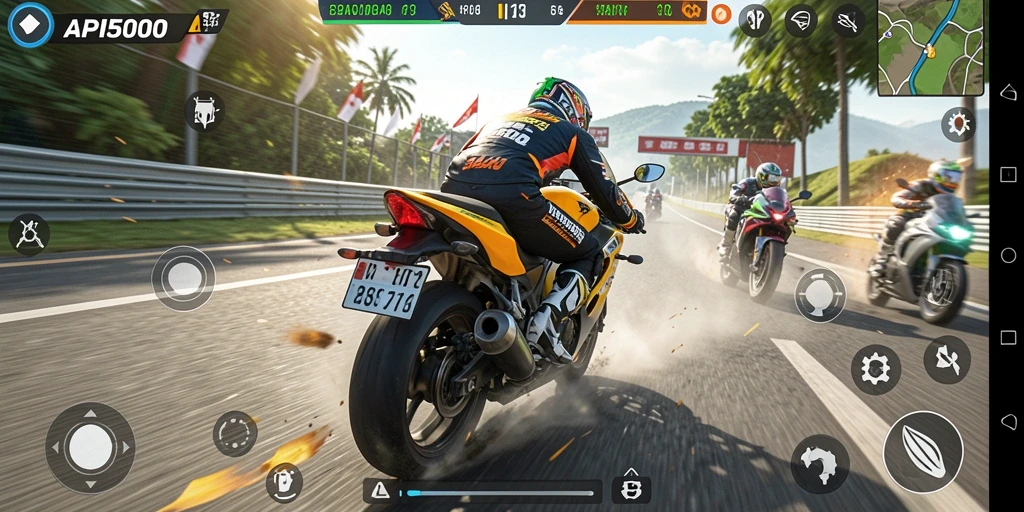 Tampilan gameplay menegangkan dalam API5000 saat balapan motor.