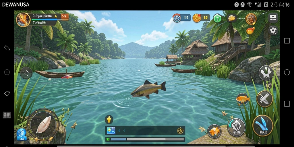Gameplay DEWANUSA yang menampilkan aksi memancing yang seru dan mendebarkan.