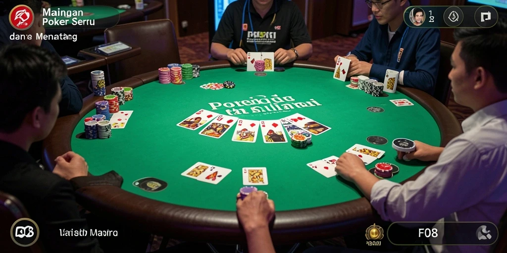 Tampilan gameplay F08 dengan meja poker dan pemain yang sedang beraksi.