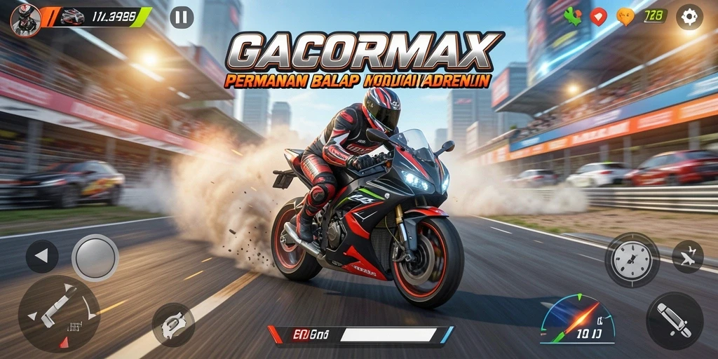 Tampilan seru dari gameplay GACORMAX saat balapan motor.