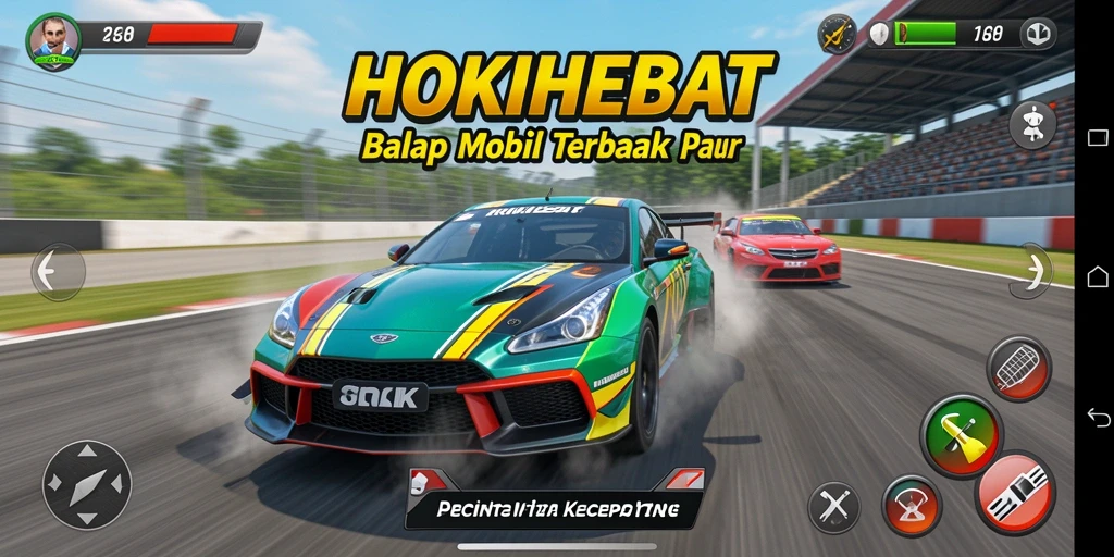 Screenshot gameplay HOKIHEBAT menampilkan balapan mobil yang seru.
