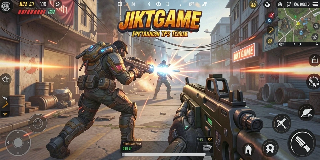Tampilan gameplay seru dalam JKTGAME dengan pertarungan TPS.