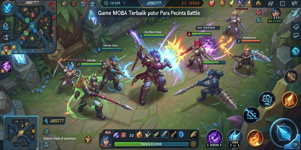 Tangkapan layar utama JOSS777 menampilkan aksi pertarungan yang mendebarkan di arena MOBA.