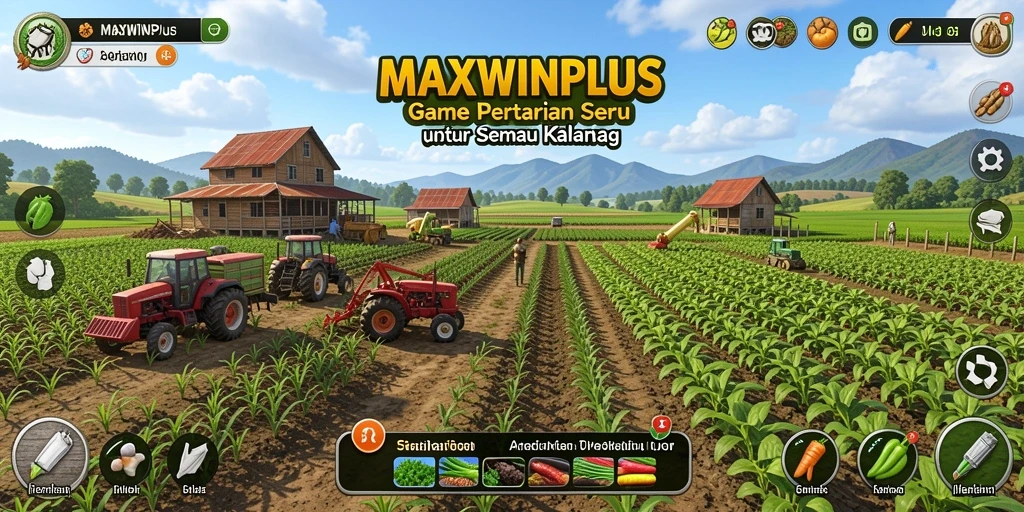 Screenshot MAXWINPLUS menampilkan ladang hijau dengan tanaman subur.
