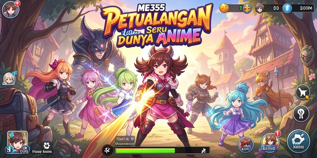 Screenshot gameplay ME355 dengan aksi penuh warna dan karakter anime.