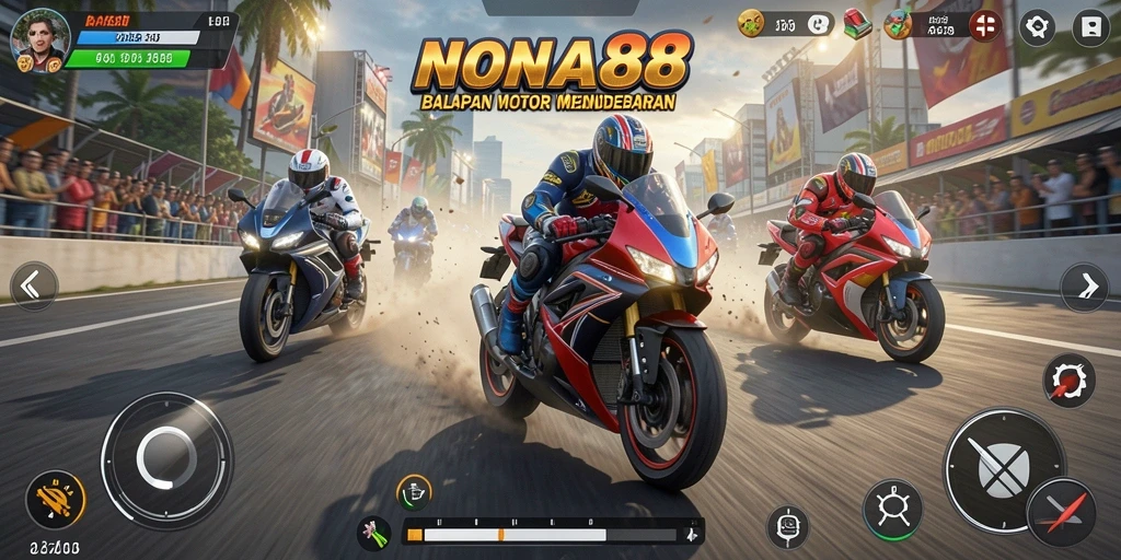 Gameplay seru NONA88 dengan aksi balapan motor yang cepat.