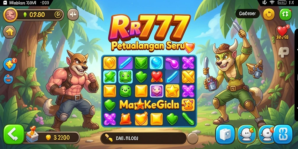 Screenshot menampilkan gameplay seru dari RR777 dengan permata berwarna-warni.