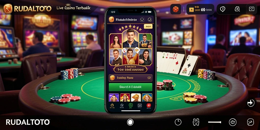 Screenshot utama menampilkan dealer langsung di <strong>RUDALTOTO</strong> dengan suasana kasino yang hidup.